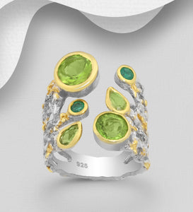 925 Sterling Silver Open Ring, Decorated with Emeralds and Peridots, Plated with 3 Micron 22K Yellow Gold and White Rhodium. Aug Birthstone