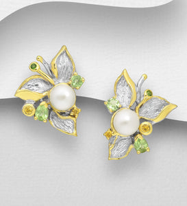 925 Sterling Silver Leaf Omega Lock Earrings, Decorated with Freshwater Pearls, Yellow Sapphires, Chrome Diopside and Peridots, Plated with 3 Micron 22K Yellow Gold. Aug Birthstone