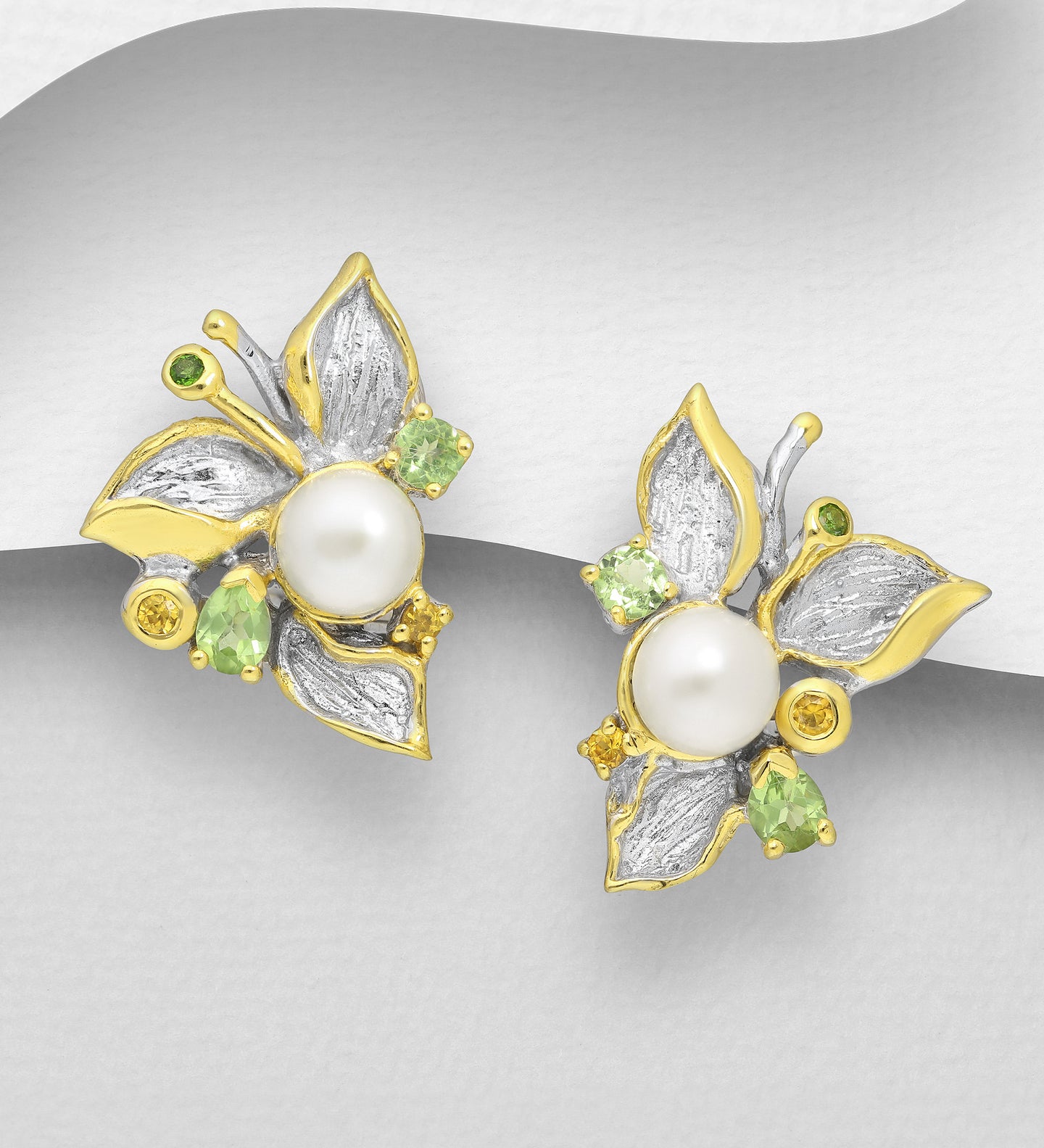 925 Sterling Silver Leaf Omega Lock Earrings, Decorated with Freshwater Pearls, Yellow Sapphires, Chrome Diopside and Peridots, Plated with 3 Micron 22K Yellow Gold. Aug Birthstone