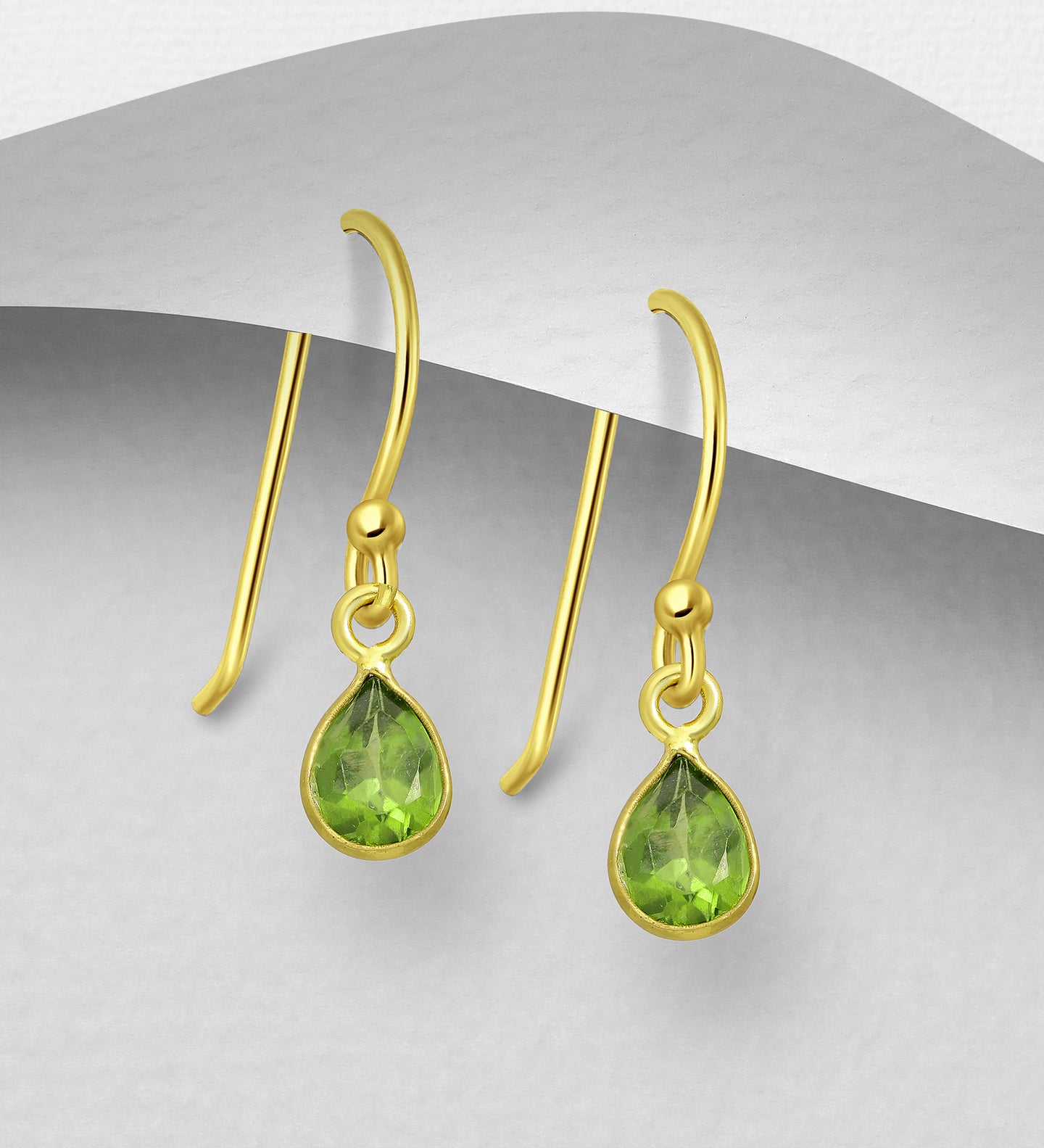 925 Sterling Silver Droplet Hook Earrings, Decorated with Peridot, Plated with 0.5 Micron 18K Yellow Gold . Ag Birthstone