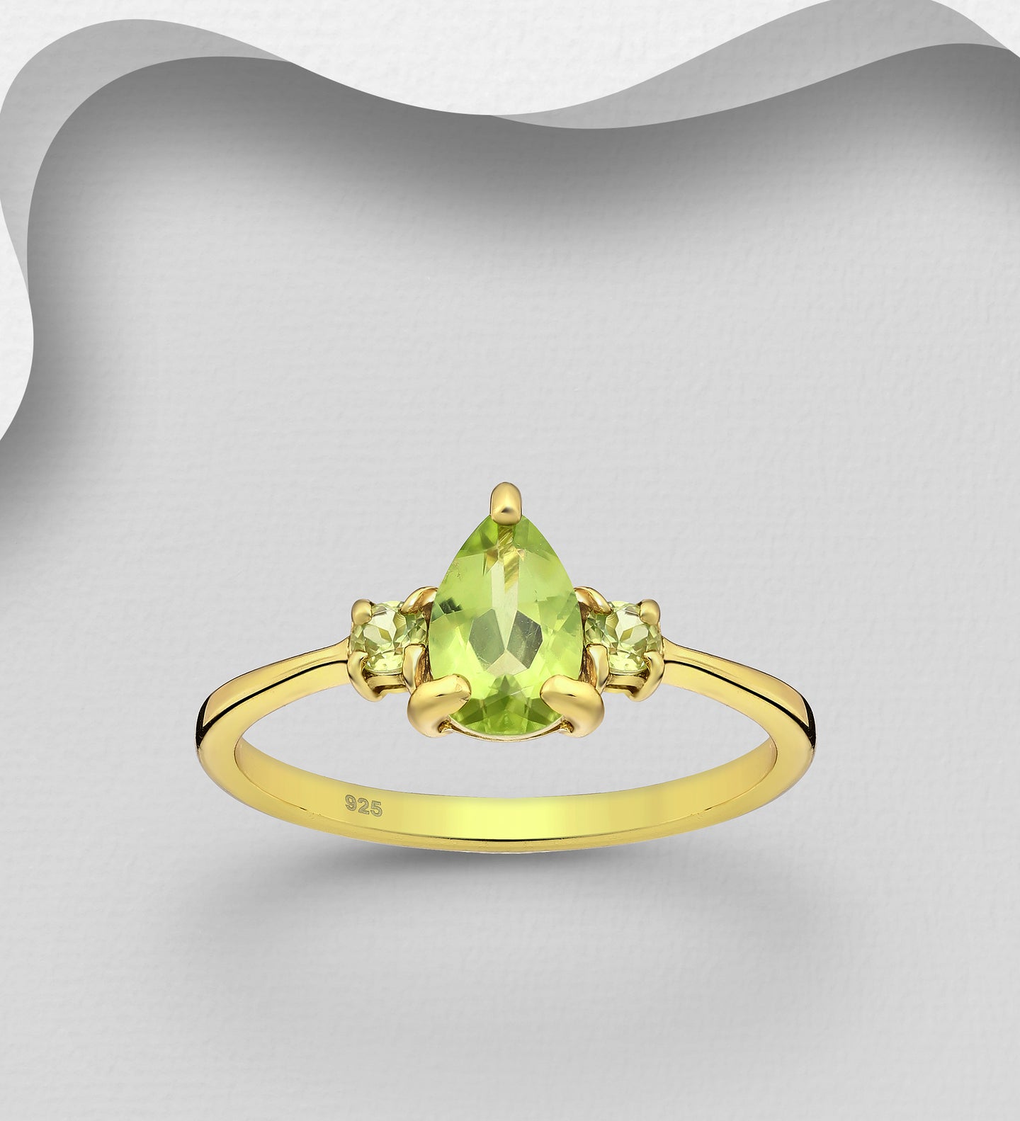 925 Sterling Silver Ring, Decorated with Peridot, Plated with 0.5 Micron 18K Yellow Gold. Agu Birthstone