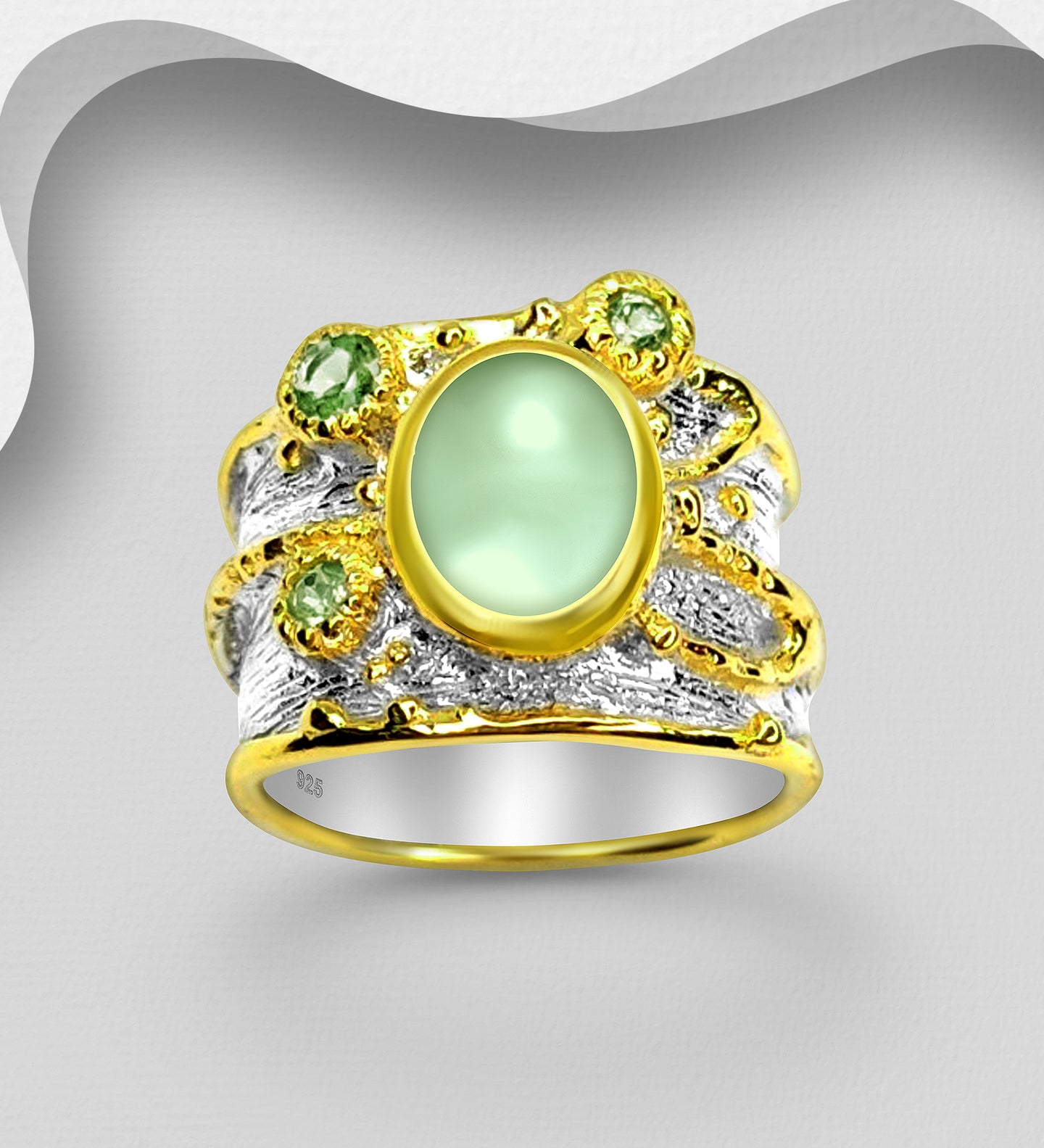 925 Sterling Silver Ring, Decorated with Blue Sapphire, Peridot and Prehnite, Plated with 3 Micron 22K Yellow Gold. Aug Birthstone