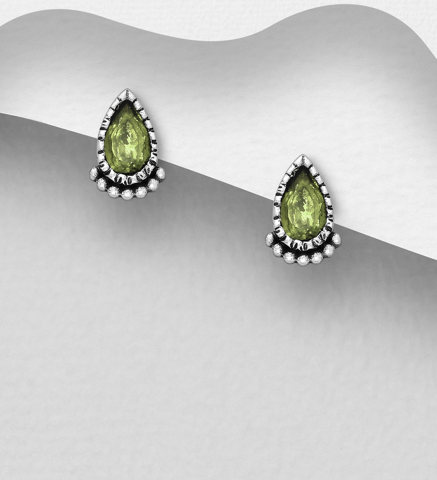 925 Sterling Silver Oxidized Droplet Push-Back Earrings, Decorated with Peridot. Aug Birthstone