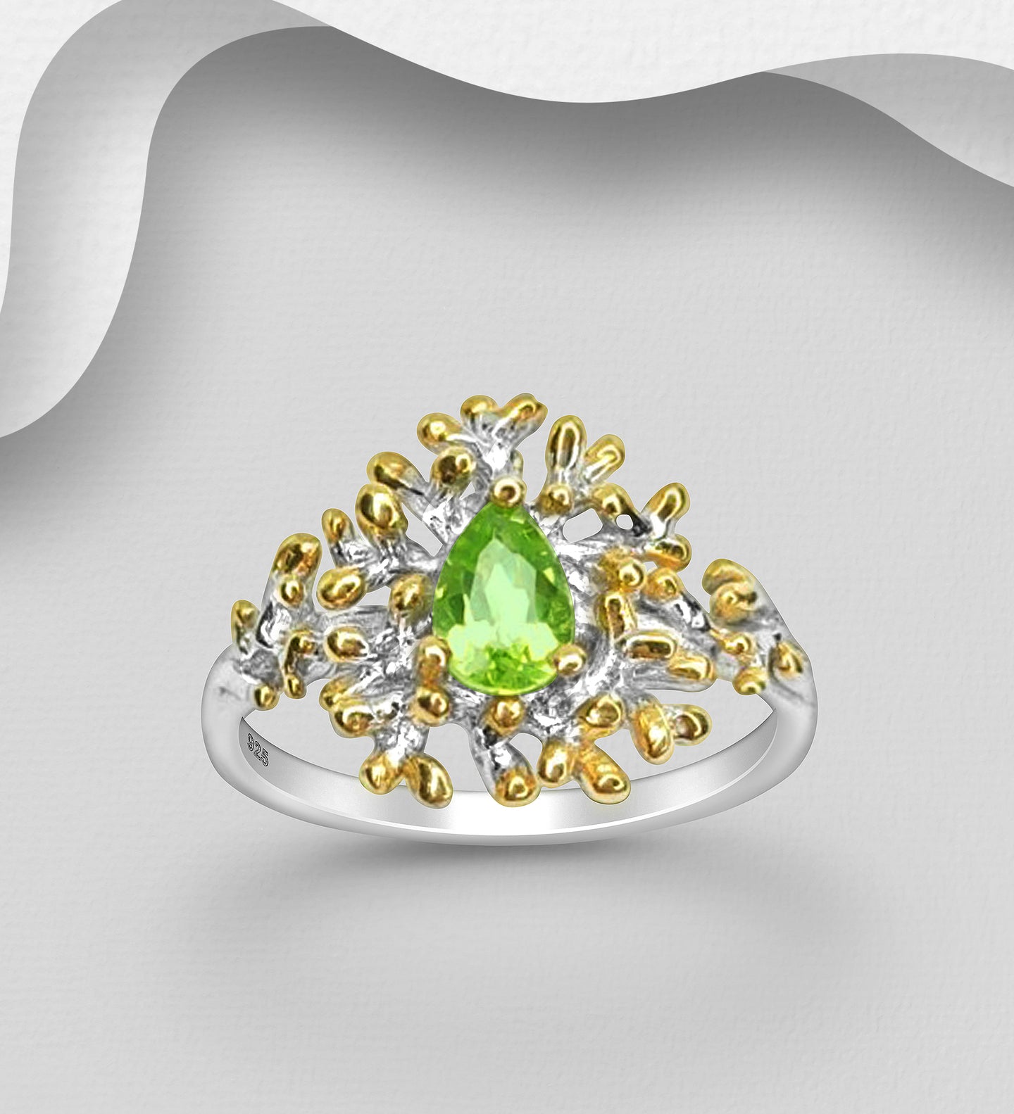 925 Sterling Silver Ring, Decorated with Peridot, Plated with 3 Micron 22K Yellow Gold. Aug Birthstone