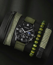 Cargar imagen en el visor de la galería, Men Round Quartz Watch &amp; 3pcs Bead Decor Bracelet
