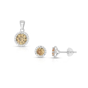 SS 925 Round Citrine Halo CZ Pendant - Nov Birthstone