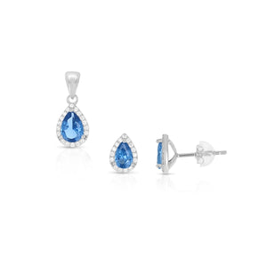 SS 925 Pear Blue Topaz Halo CZ Set - Dec Birthstone