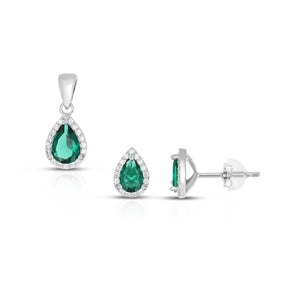 SS 925 Pear Earring Halo CZ Set - May  Birthstone