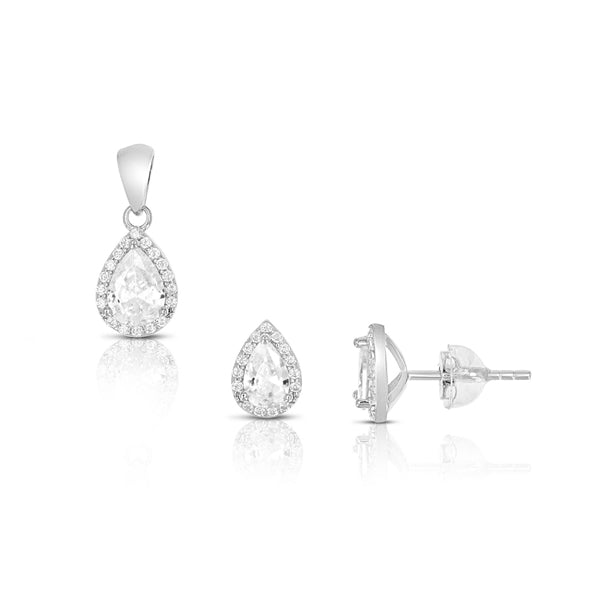 SS 925 Pear Pendant Halo CZ Set - April Birthstone