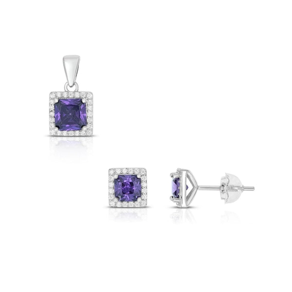 SS 925  Square Amethyst  CZ Pendant - Feb Birthstone