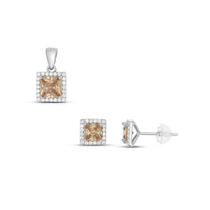 SS 925 Square Citrine Halo CZ Pendant - Nov Birthstone