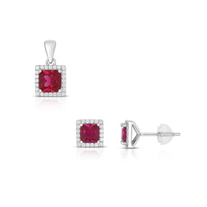 SS 925 Square Ruby Halo CZ&nbsp; Earring - July Birthstone