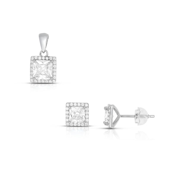 SS 925 Square Pendant Halo CZ Set - April Birthstone