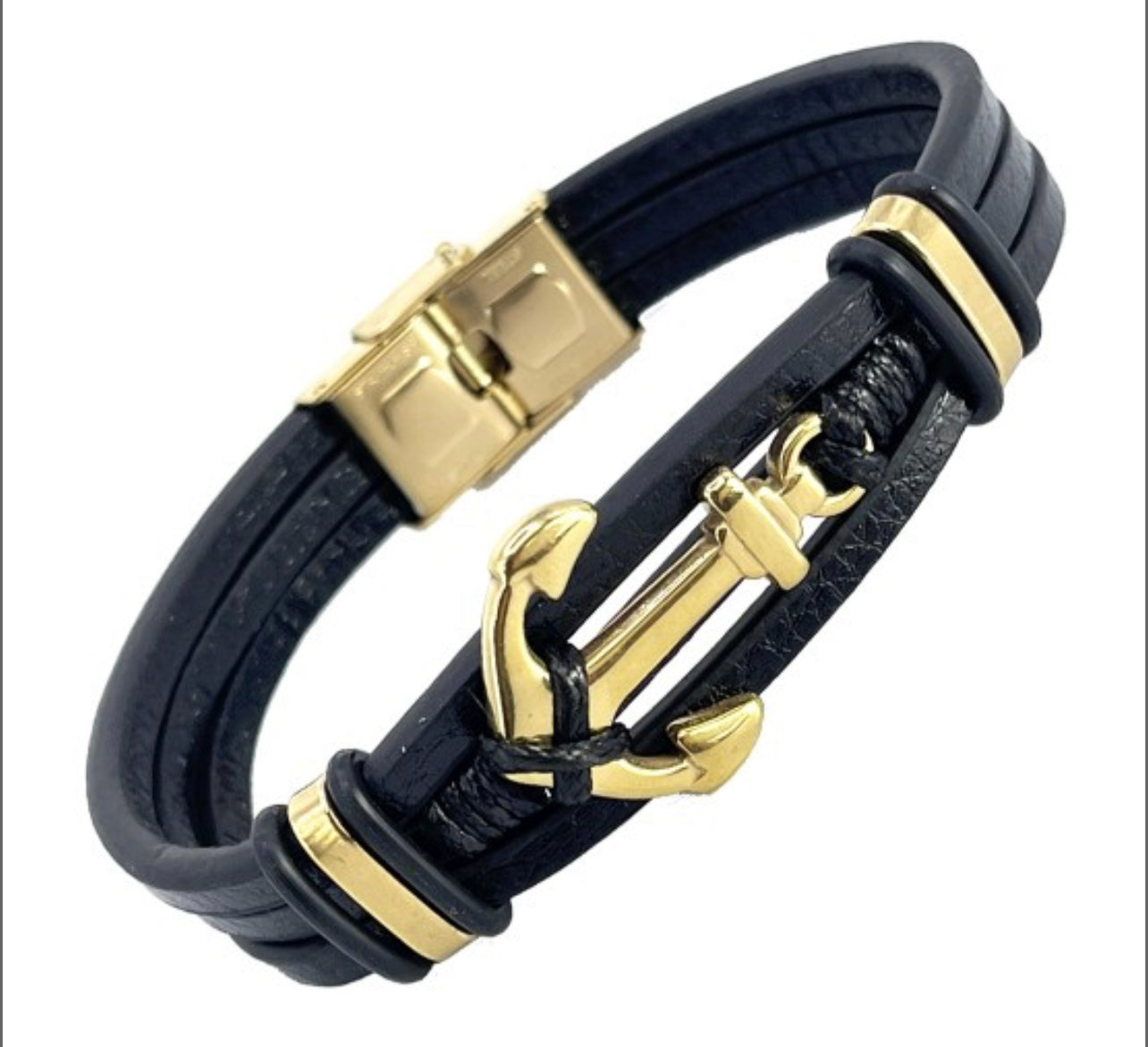 STAINLESS STEEL LEATHER BRACELET WITH ANCHOR GOLD