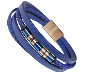 Blue Multi String Leather Bracelet with Rose Gold Accents