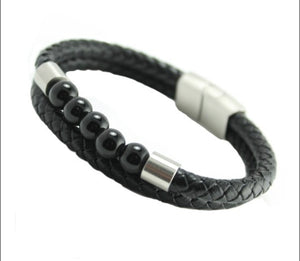 BLACK MULTI STRING BRAIDED LEATHER & STAINLESS STELL BRACELET W/ Onyx Beads