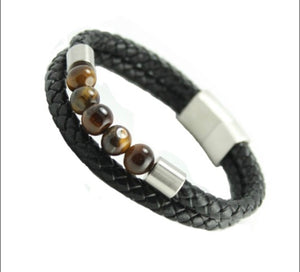 BLACK MULTI STRING BRAIDED LEATHER & STAINLESS STEEL BRACELET W/ TIGER EYE BEADS