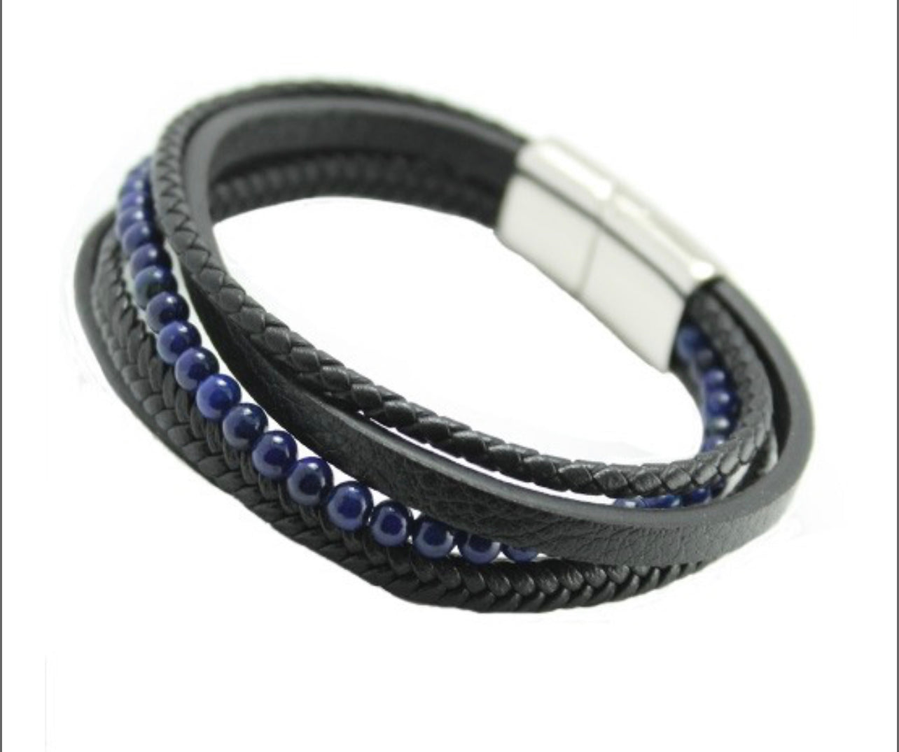 BLACK MULTI STRING BRAIDED LEATHER & STAINLESS STEEL BRACELET W/ LAPIS LAZULI BEADS